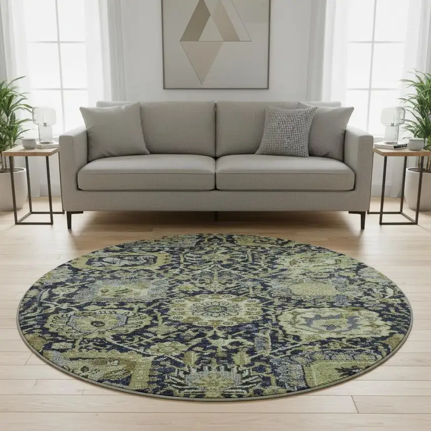 8' X 8' Fern Green Navy Blue And Ivory Damask Washable Round Rug With UV Protection Photo 2