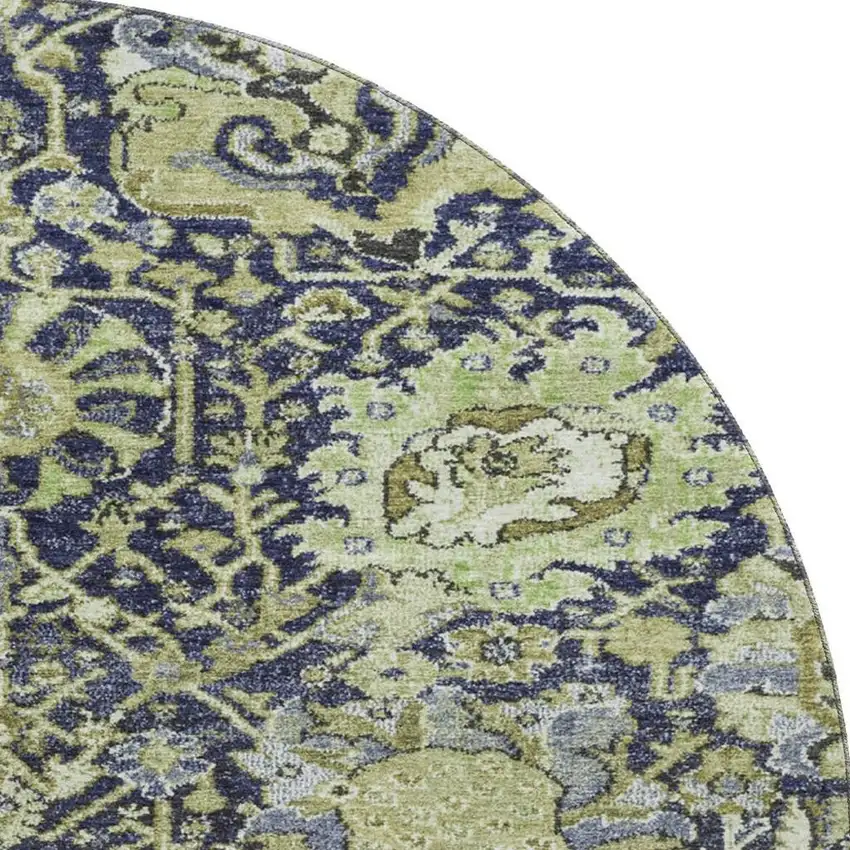 8' X 8' Fern Green Navy Blue And Ivory Damask Washable Round Rug With UV Protection Photo 3
