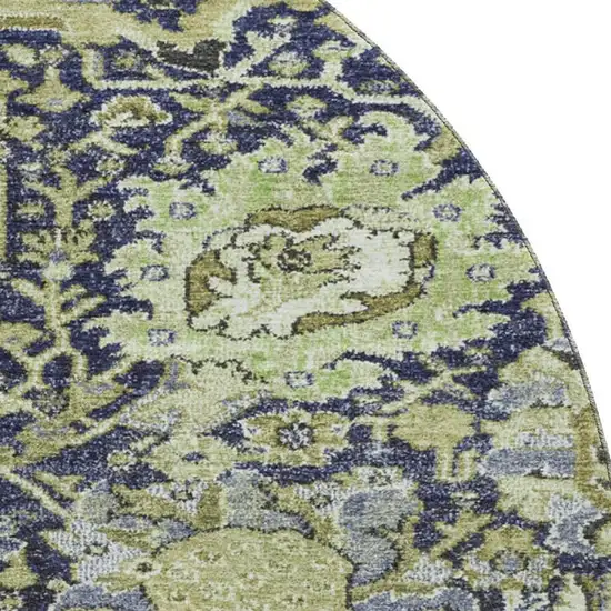 8' X 8' Fern Green Navy Blue And Ivory Damask Washable Round Rug With UV Protection Photo 2
