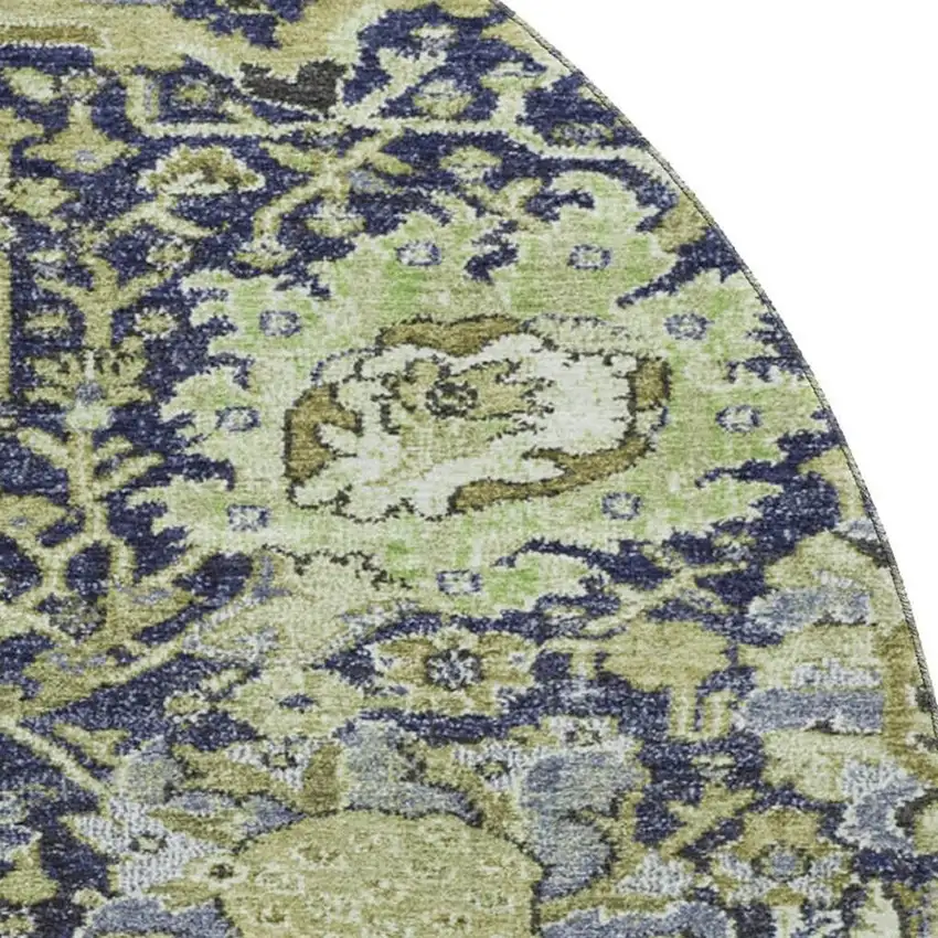 8' X 8' Fern Green Navy Blue And Ivory Damask Washable Round Rug With UV Protection Photo 2
