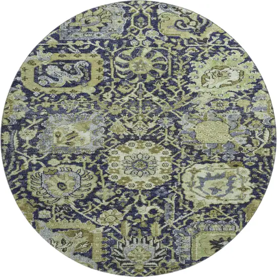 8' X 8' Fern Green Navy Blue And Ivory Damask Washable Round Rug With UV Protection Photo 1