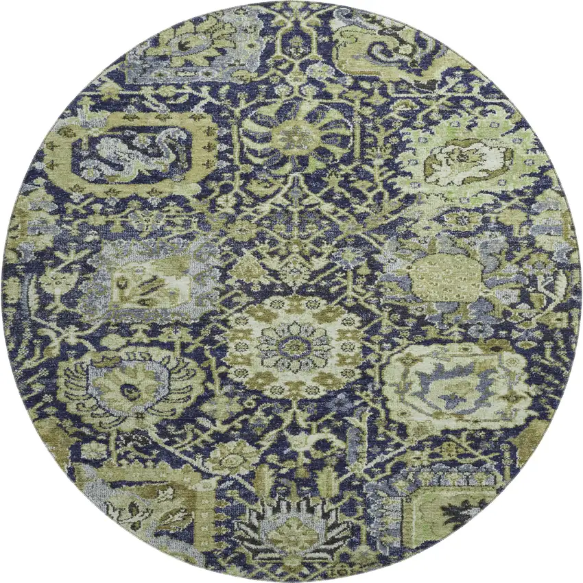 8' X 8' Fern Green Navy Blue And Ivory Damask Washable Round Rug With UV Protection Photo 1