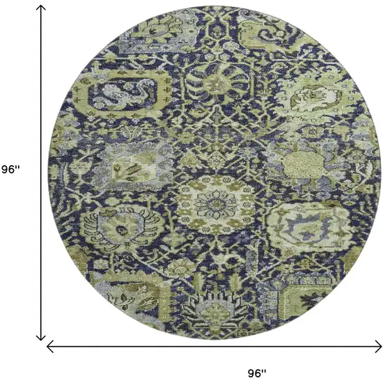 8' X 8' Fern Green Navy Blue And Ivory Damask Washable Round Rug With UV Protection Photo 9