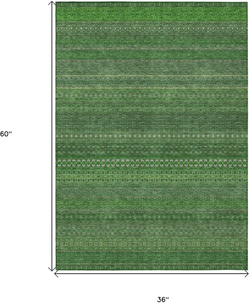 3' X 5' Fern Green Striped Washable Non Skid Indoor Outdoor Area Rug Photo 3