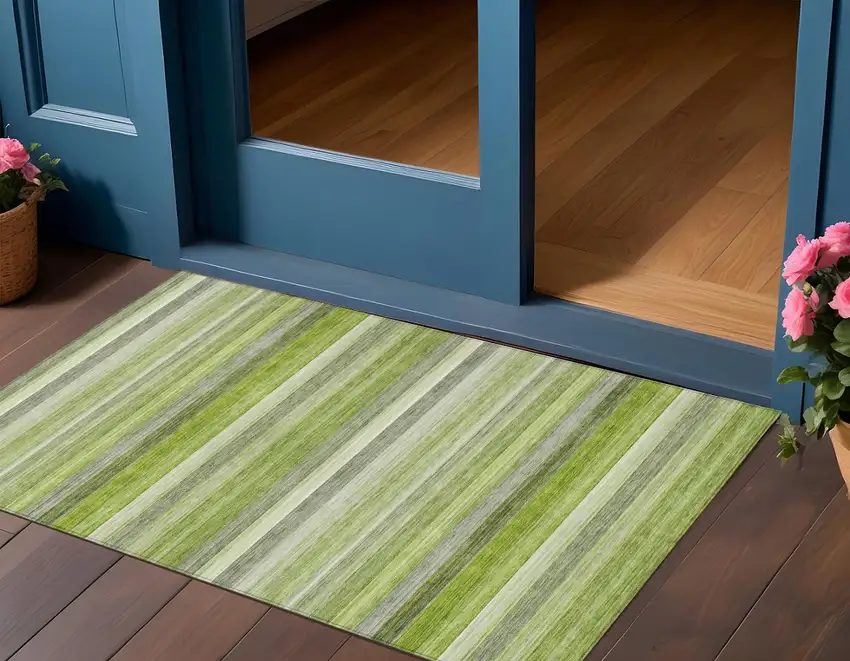 Fern Green Striped Washable Non Skid Indoor Outdoor Area Rug Photo 1