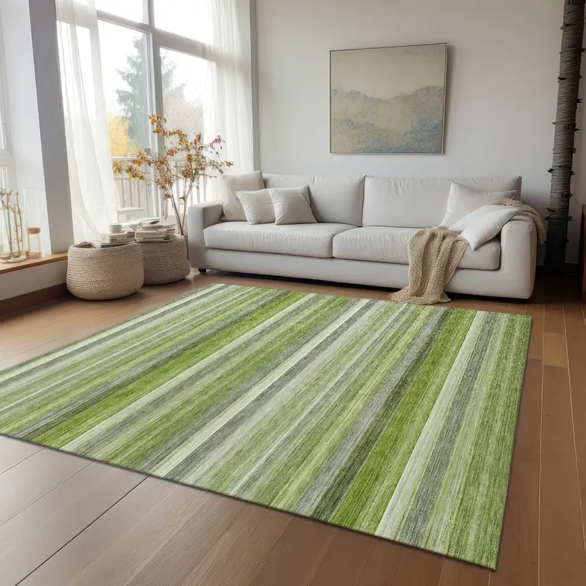 Fern Green Striped Washable Non Skid Indoor Outdoor Area Rug Photo 9