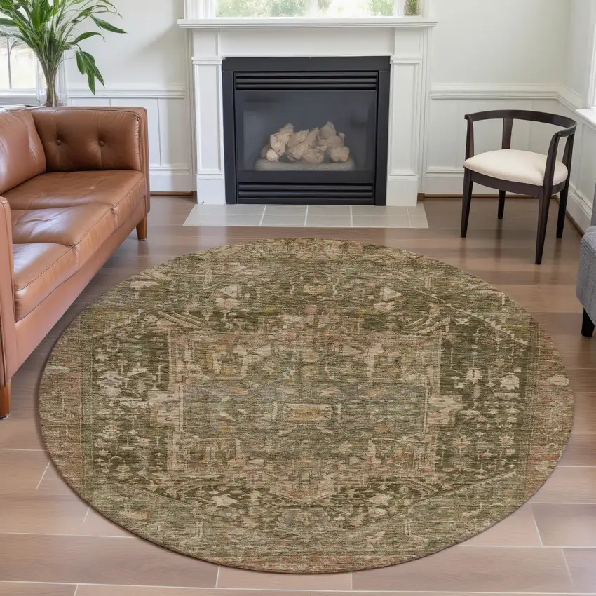 8' X 8' Fern Green Wheat And Copper Oriental Washable Round Rug With UV Protection Photo 4