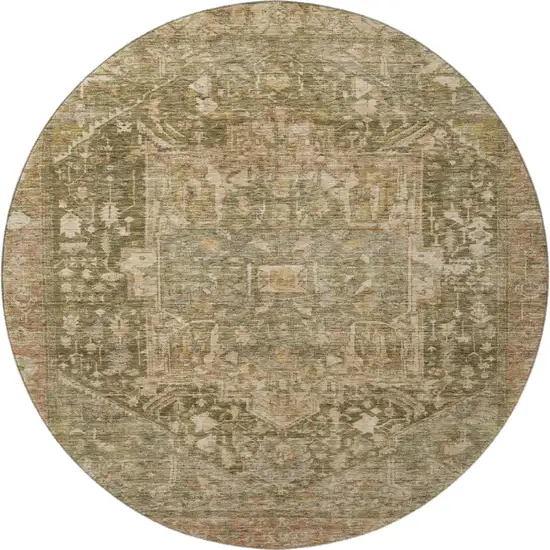 8' X 8' Fern Green Wheat And Copper Oriental Washable Round Rug With UV Protection Photo 3