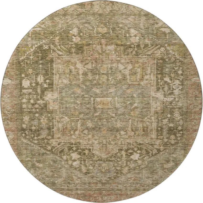 8' X 8' Fern Green Wheat And Copper Oriental Washable Round Rug With UV Protection Photo 3