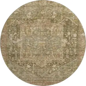 Photo of 8' X 8' Fern Green Wheat And Copper Oriental Washable Round Rug With UV Protection