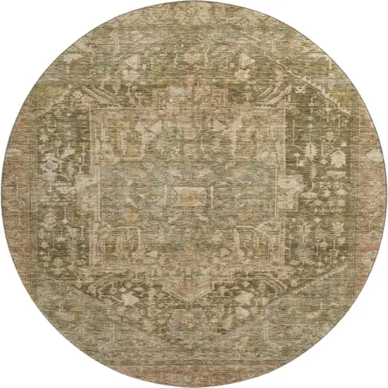 8' X 8' Fern Green Wheat And Copper Oriental Washable Round Rug With UV Protection Photo 1
