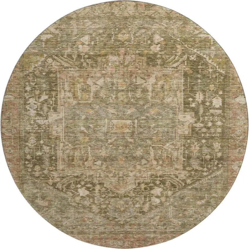 8' X 8' Fern Green Wheat And Copper Oriental Washable Round Rug With UV Protection Photo 1