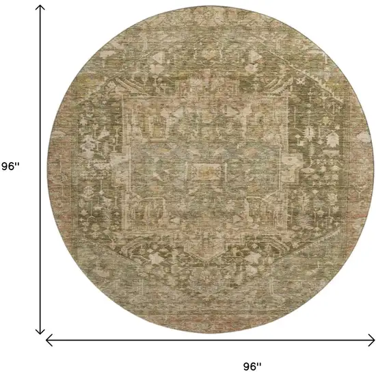 8' X 8' Fern Green Wheat And Copper Oriental Washable Round Rug With UV Protection Photo 9
