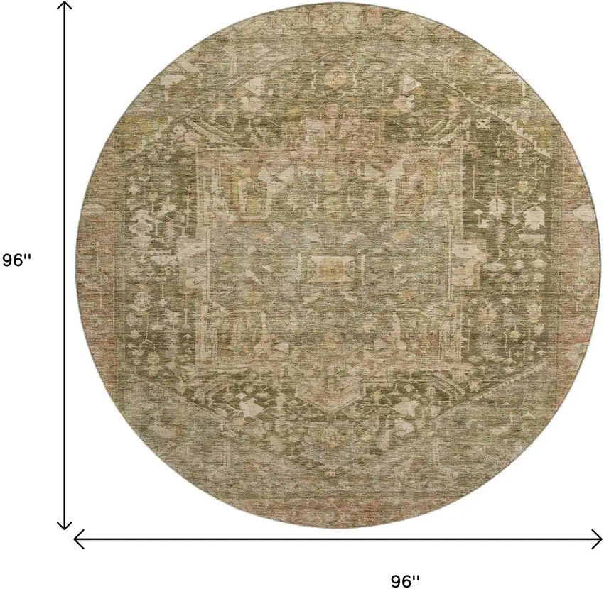 8' X 8' Fern Green Wheat And Copper Oriental Washable Round Rug With UV Protection Photo 9