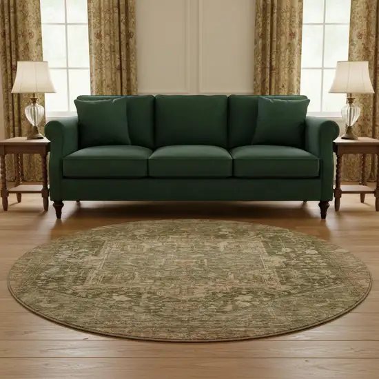 8' X 8' Fern Green Wheat And Copper Oriental Washable Round Rug With UV Protection Photo 2