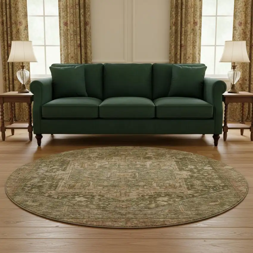 8' X 8' Fern Green Wheat And Copper Oriental Washable Round Rug With UV Protection Photo 2