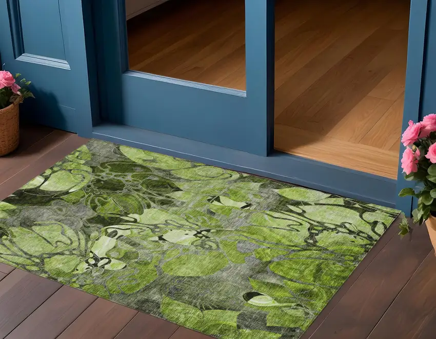 3' X 5' Fern Green and Gray Abstract Washable Indoor Outdoor Area Rug Photo 1