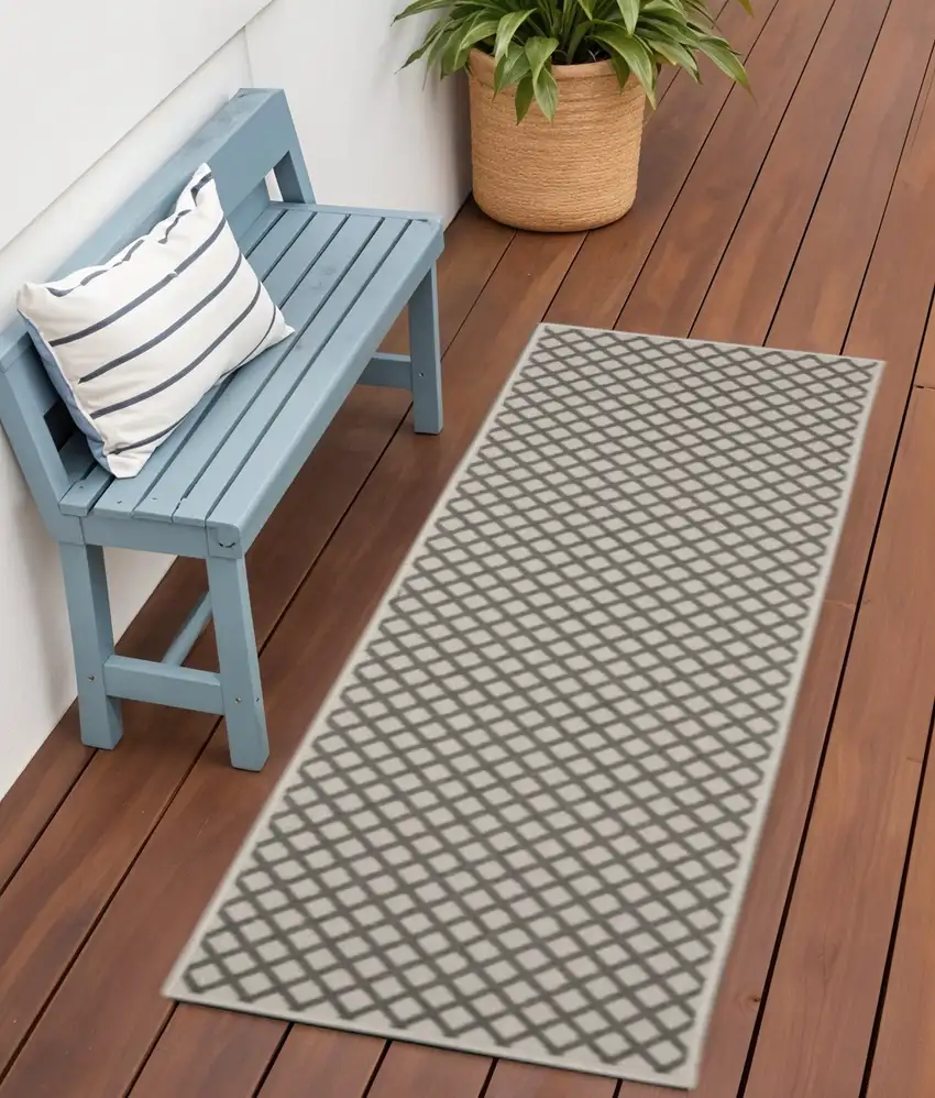 Beige Geometric Stain Resistant Indoor Outdoor Area Rug Photo 1