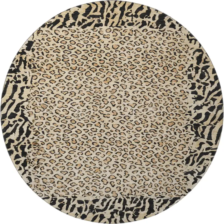 8' X 8' Gold And Black Animal Print Washable Round Rug With UV Protection Photo 3