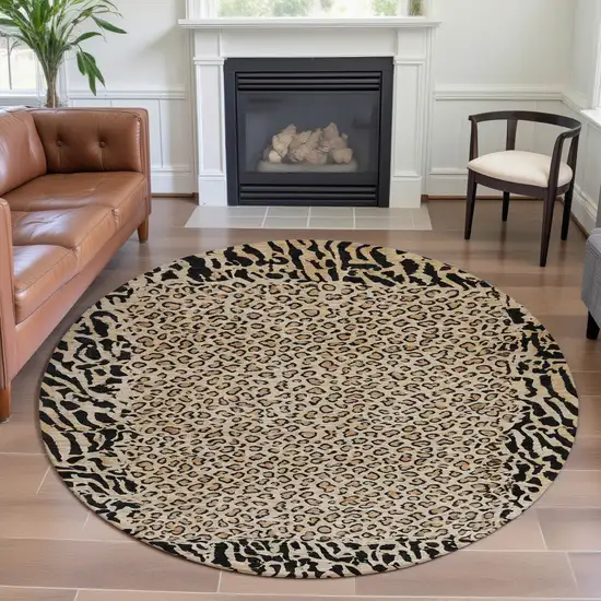 8' X 8' Gold And Black Animal Print Washable Round Rug With UV Protection Photo 4