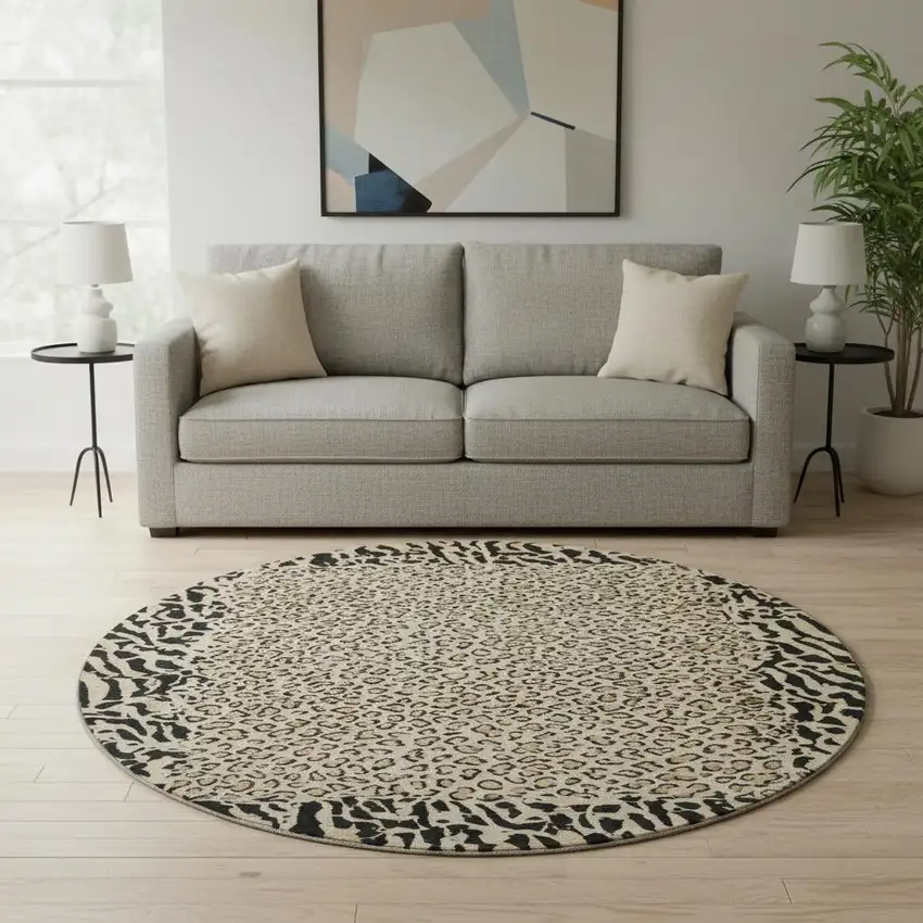 8' X 8' Gold And Black Animal Print Washable Round Rug With UV Protection Photo 2