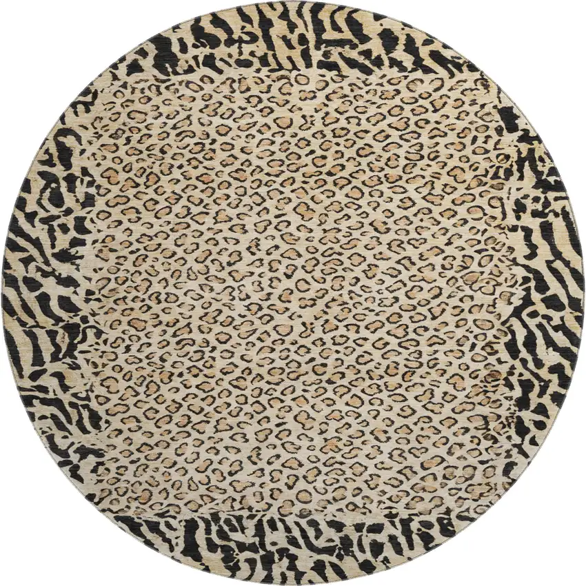 8' X 8' Gold And Black Animal Print Washable Round Rug With UV Protection Photo 1