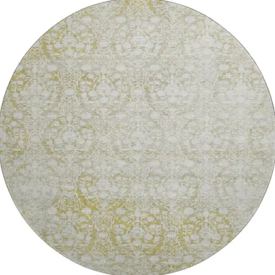 8' X 8' Gold And Ivory Damask Washable Round Rug With UV Protection Photo 3