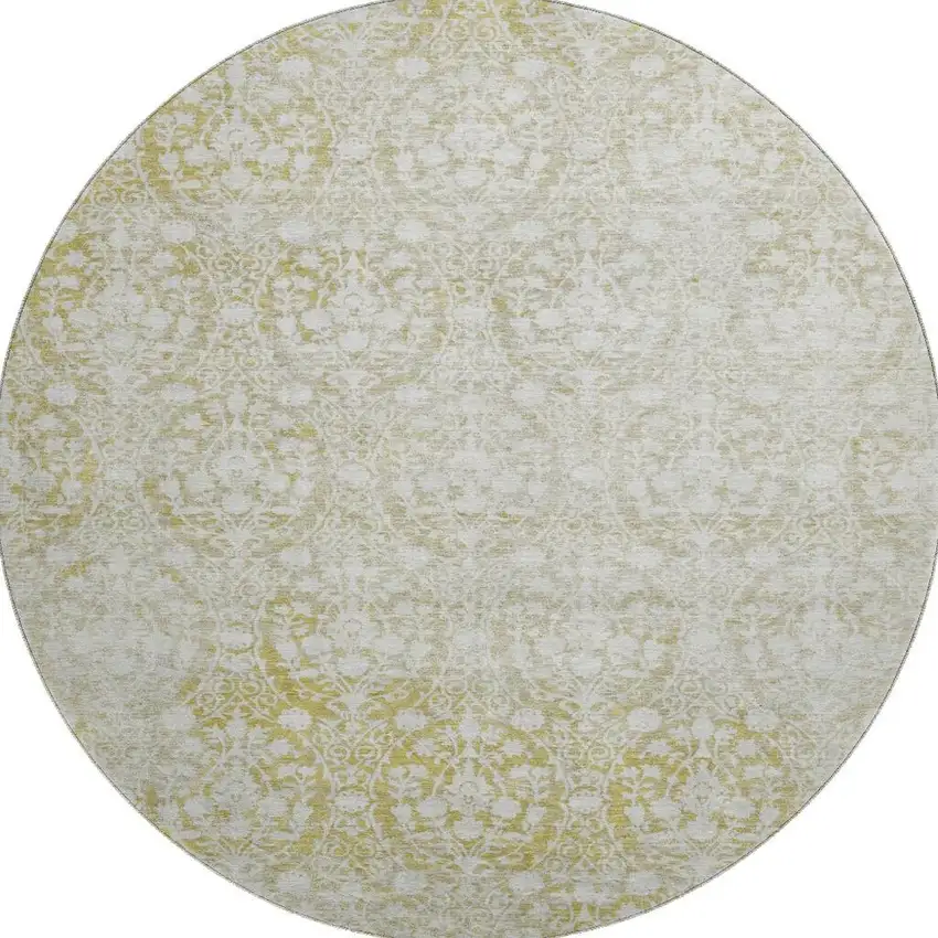 8' X 8' Gold And Ivory Damask Washable Round Rug With UV Protection Photo 3