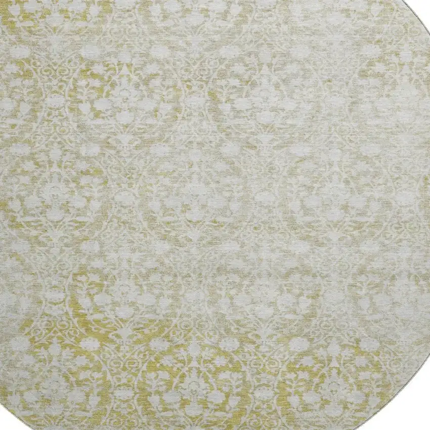 8' X 8' Gold And Ivory Damask Washable Round Rug With UV Protection Photo 2