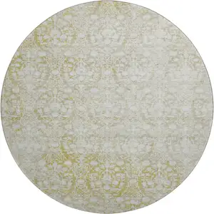 Photo of 8' X 8' Gold And Ivory Damask Washable Round Rug With UV Protection
