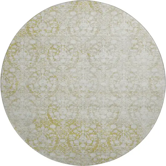 8' X 8' Gold And Ivory Damask Washable Round Rug With UV Protection Photo 1