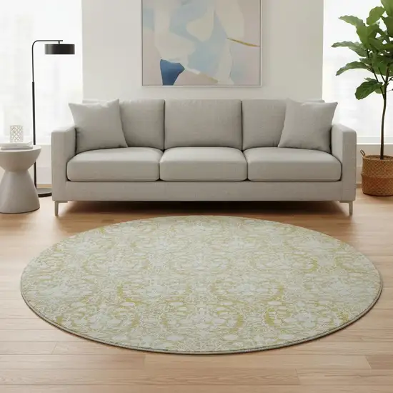 8' X 8' Gold And Ivory Damask Washable Round Rug With UV Protection Photo 2