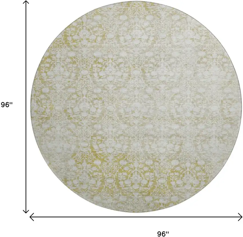 8' X 8' Gold And Ivory Damask Washable Round Rug With UV Protection Photo 9