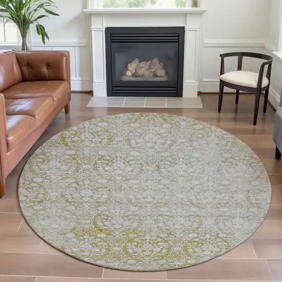 8' X 8' Gold And Ivory Damask Washable Round Rug With UV Protection Photo 4