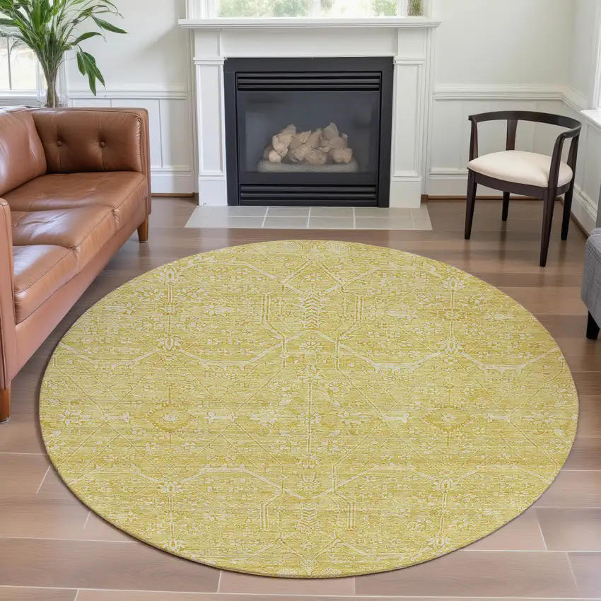 8' X 8' Gold And Ivory Floral Washable Round Rug With UV Protection Photo 4
