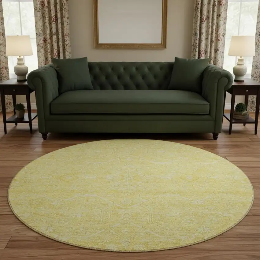8' X 8' Gold And Ivory Floral Washable Round Rug With UV Protection Photo 2