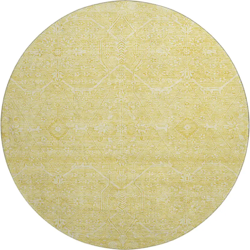 8' X 8' Gold And Ivory Floral Washable Round Rug With UV Protection Photo 1