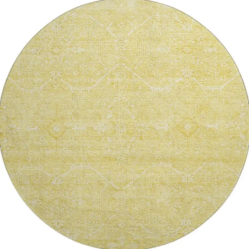 8' X 8' Gold And Ivory Floral Washable Round Rug With UV Protection Photo 3