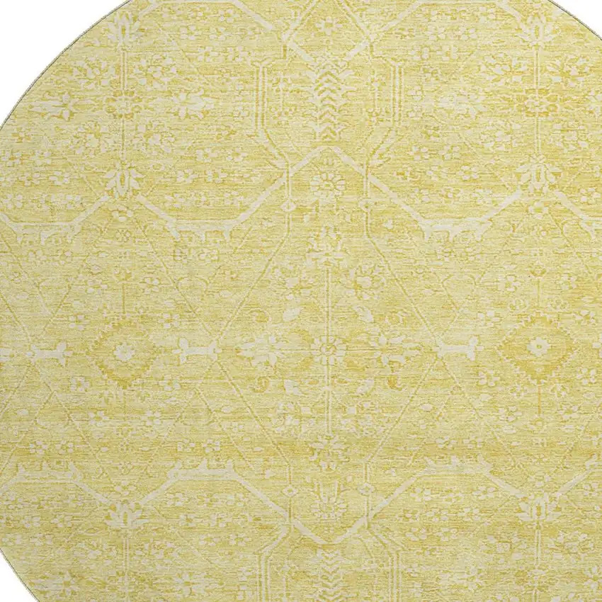 8' X 8' Gold And Ivory Floral Washable Round Rug With UV Protection Photo 2