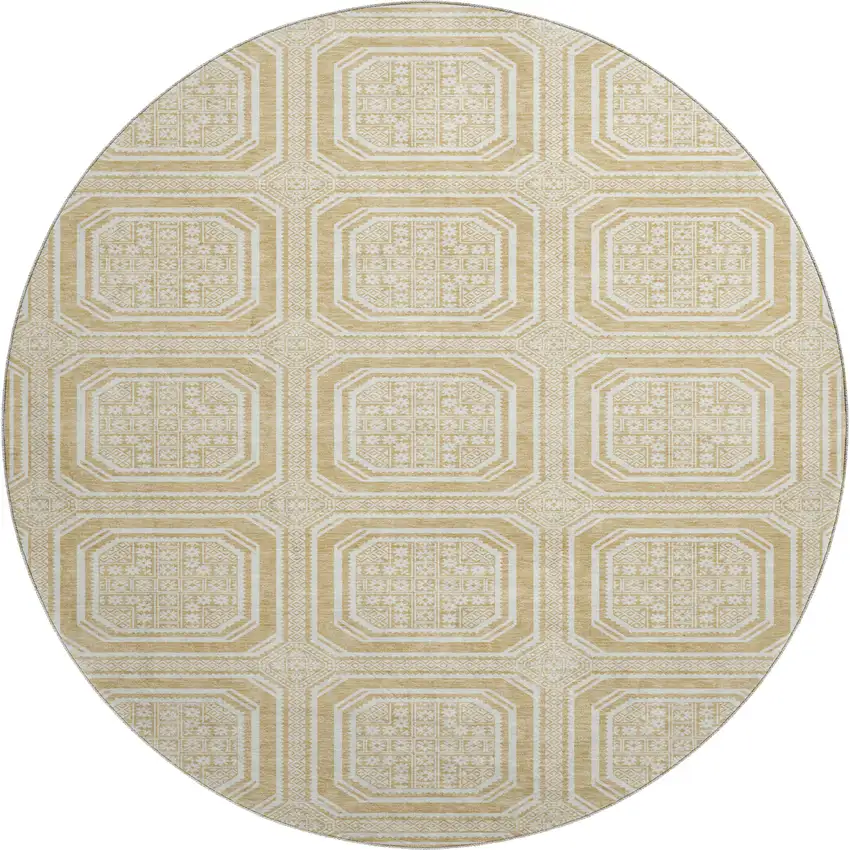8' X 8' Gold And Ivory Geometric Washable Round Rug With UV Protection Photo 1