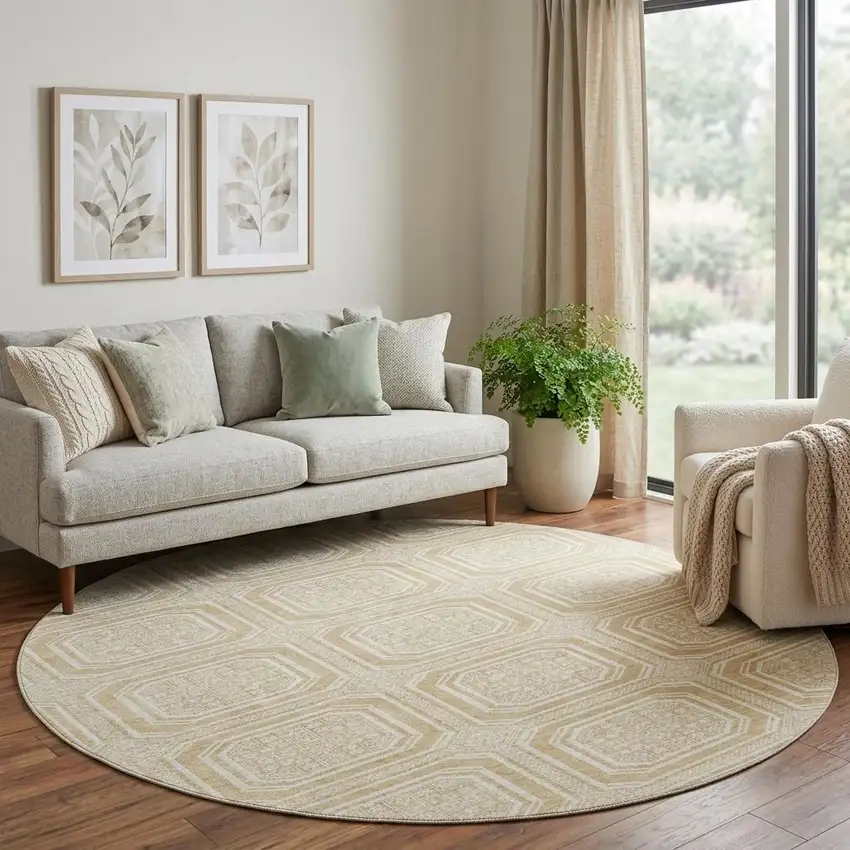 8' X 8' Gold And Ivory Geometric Washable Round Rug With UV Protection Photo 1