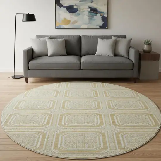 8' X 8' Gold And Ivory Geometric Washable Round Rug With UV Protection Photo 2