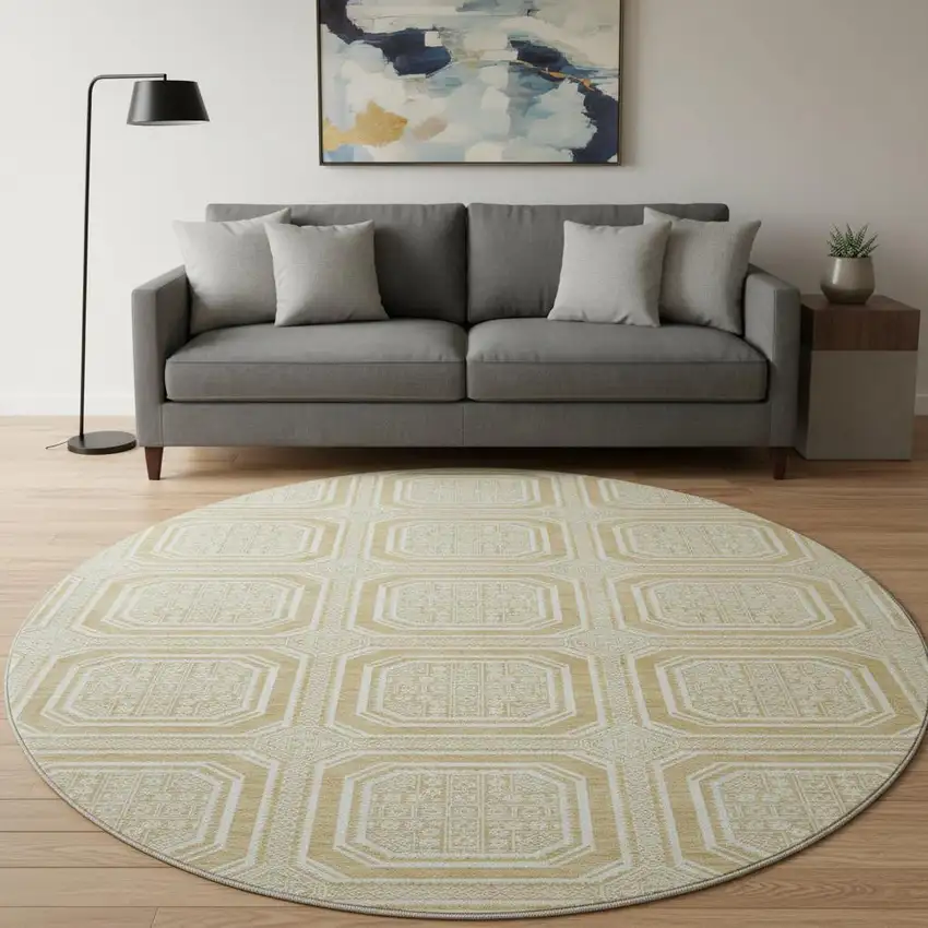 8' X 8' Gold And Ivory Geometric Washable Round Rug With UV Protection Photo 2