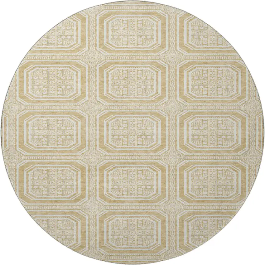 8' X 8' Gold And Ivory Geometric Washable Round Rug With UV Protection Photo 3