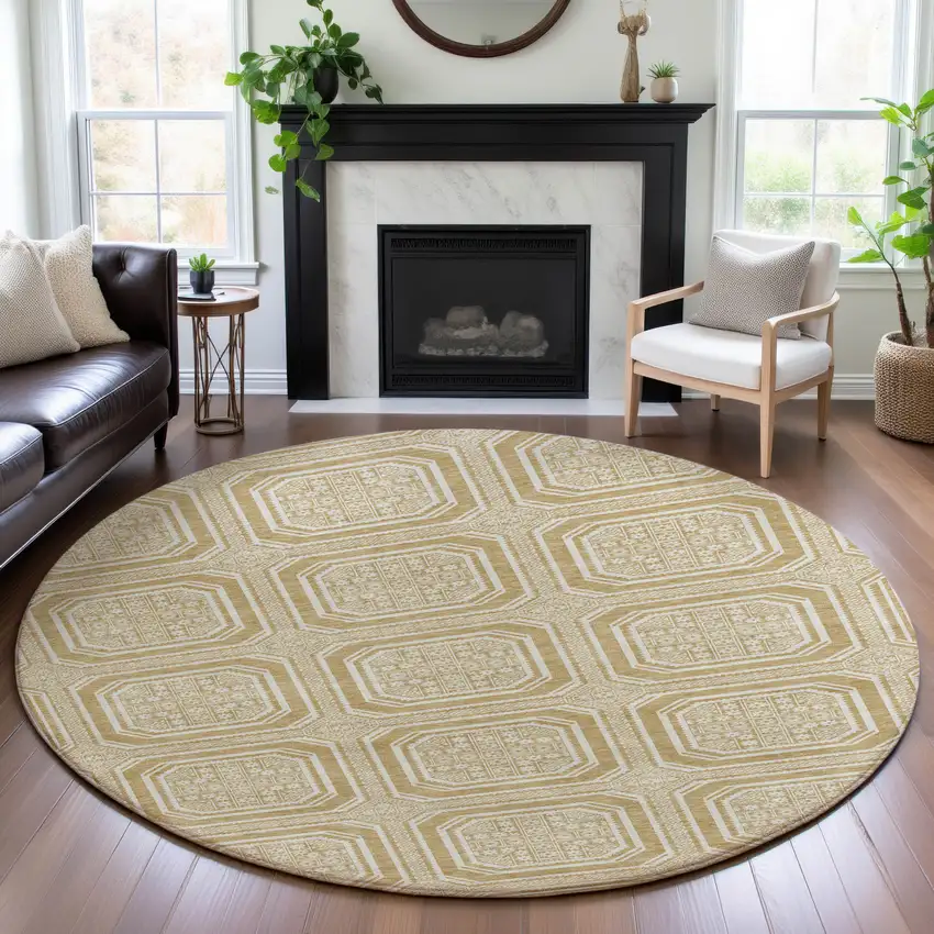 8' X 8' Gold And Ivory Geometric Washable Round Rug With UV Protection Photo 4