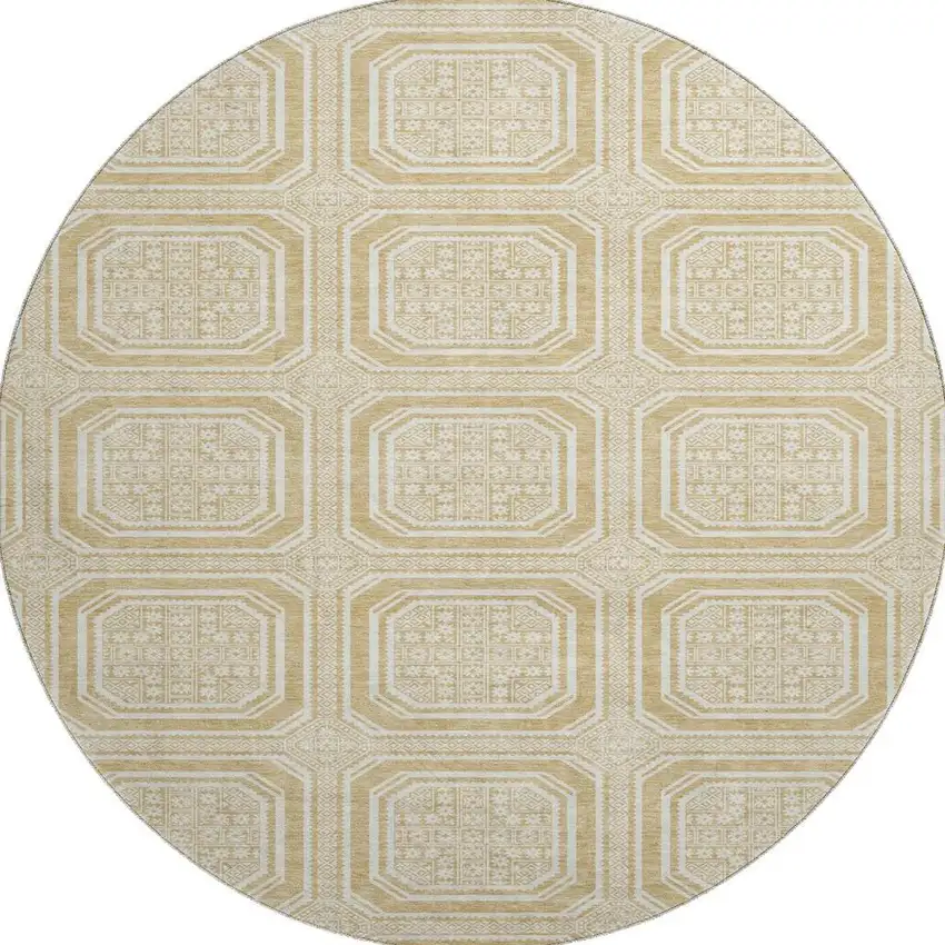 8' X 8' Gold And Ivory Geometric Washable Round Rug With UV Protection Photo 2