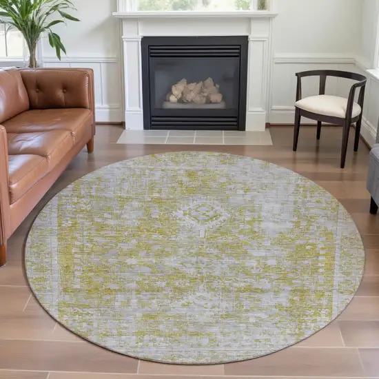 8' X 8' Gold And Silver Oriental Washable Round Rug With UV Protection Photo 5