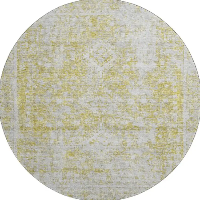 8' X 8' Gold And Silver Oriental Washable Round Rug With UV Protection Photo 3