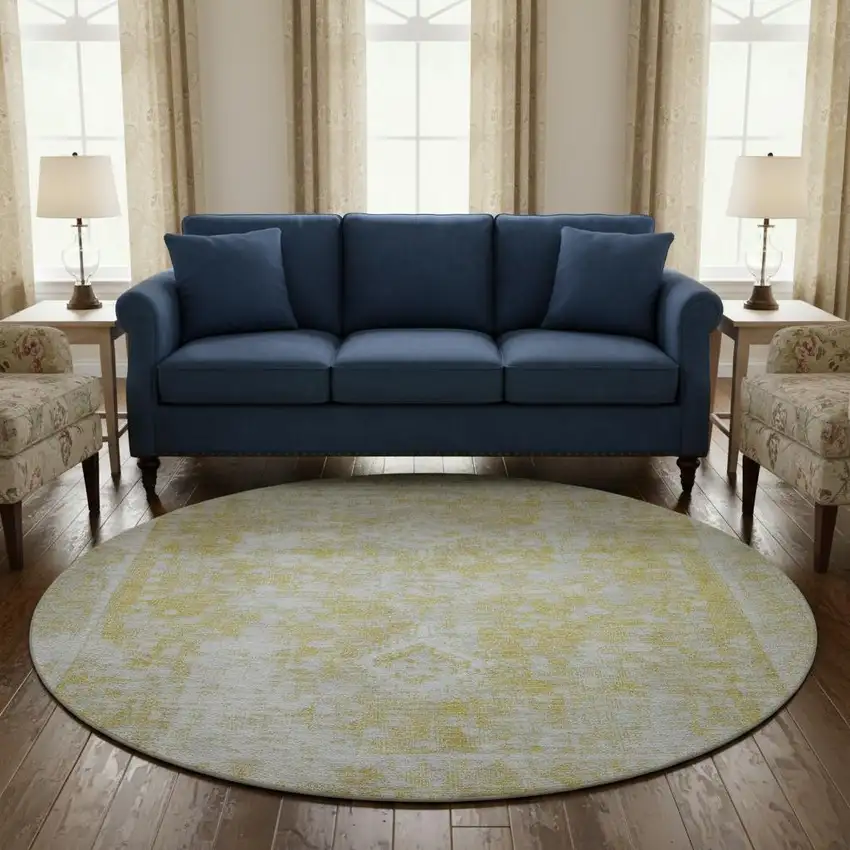 8' X 8' Gold And Silver Oriental Washable Round Rug With UV Protection Photo 2