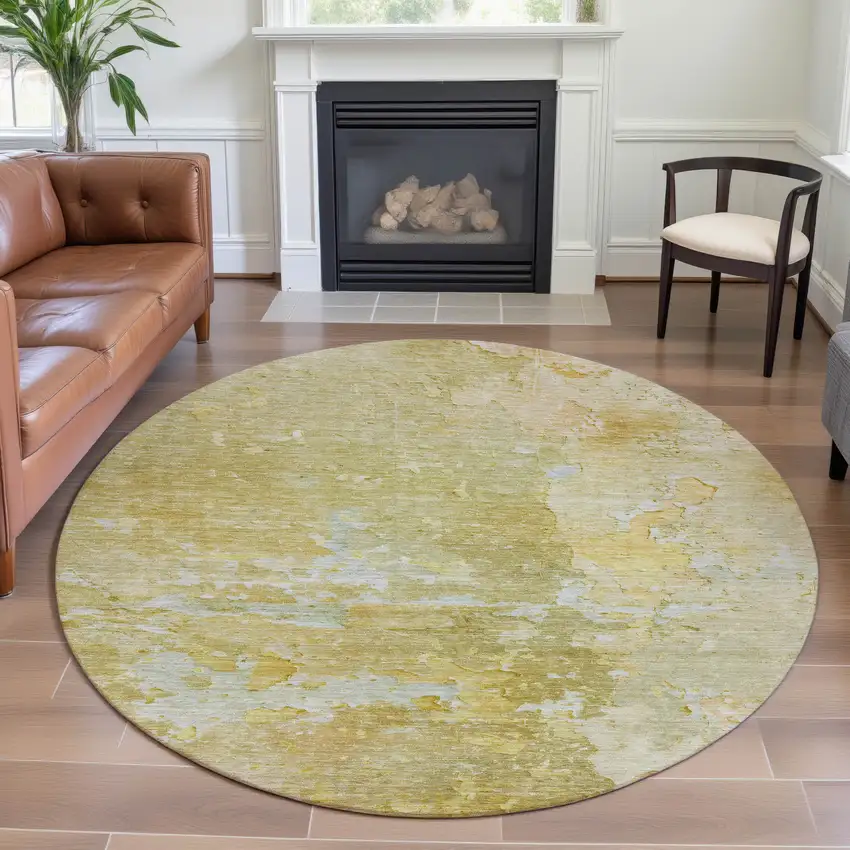 8' X 8' Gold Beige And Ivory Abstract Washable Round Rug With UV Protection Photo 4